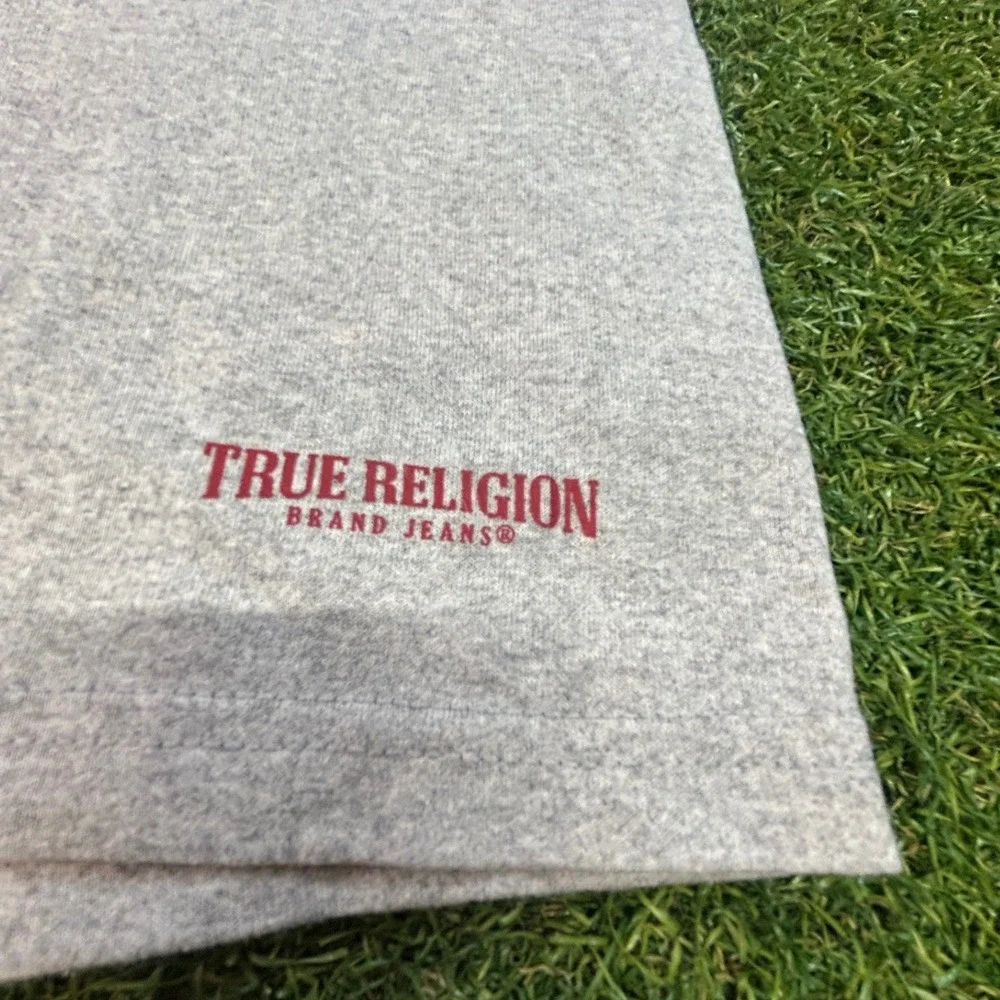 True Religion Mens V-Neck T-Shirt Heather Gray Short Sleeve Logo Tee Medium